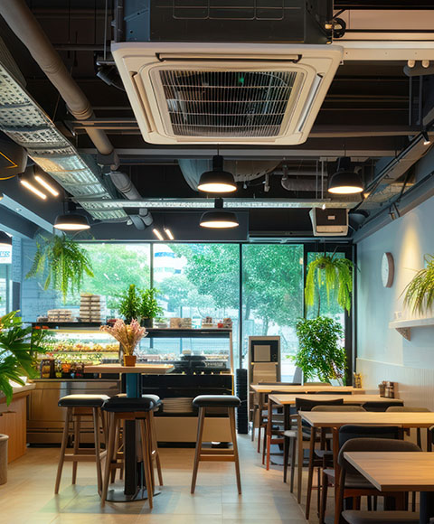 an air conditioning unit installed on the ceiling of a cafe