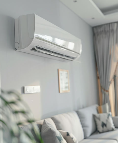 an air conditioning unit installed on the wall in a living room 