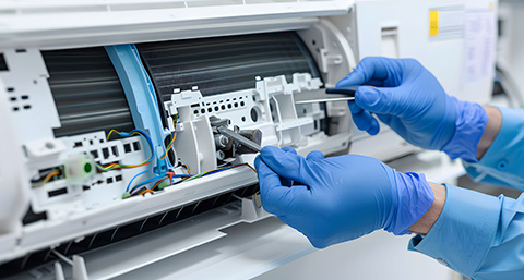 a technician repairing an air conditioning unit