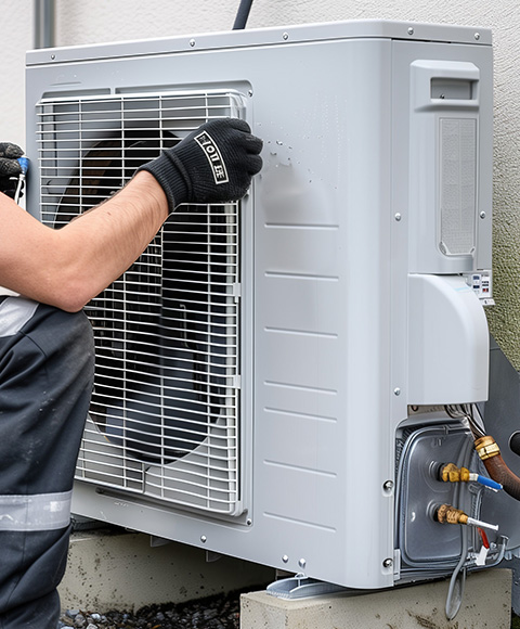 an engineer installing an air source heat pump onto the site of a home