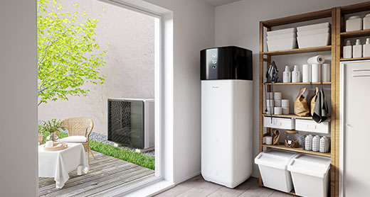 an air source heat pump installed into a home with a doorway to the back garden